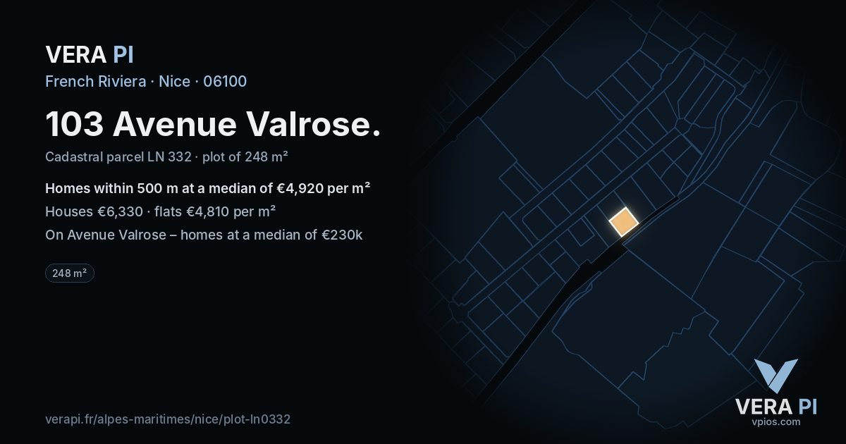 103 Avenue Valrose, Nice at night – the plot lit, the parcels around coloured by the prices near them
