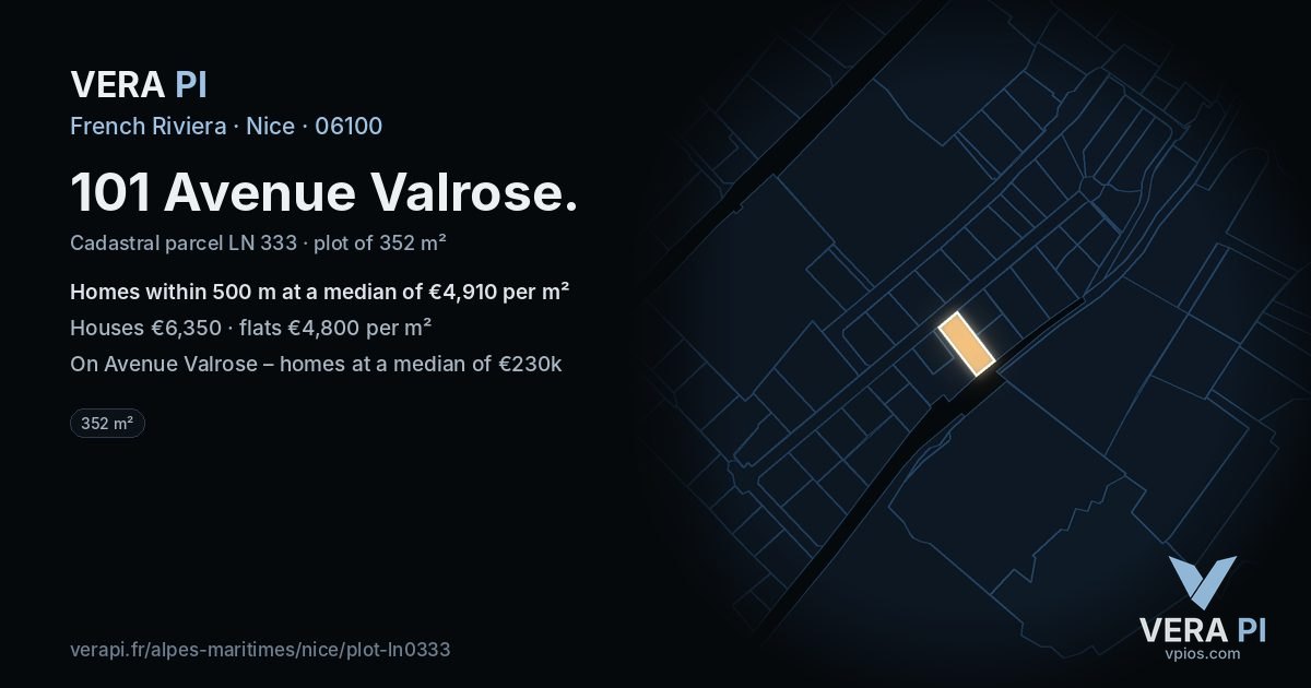 101 Avenue Valrose, Nice at night – the plot lit, the parcels around coloured by the prices near them