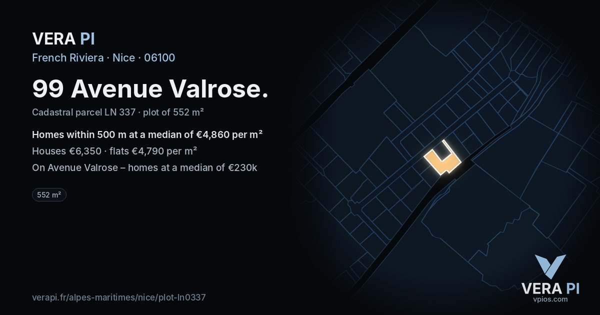 99 Avenue Valrose, Nice at night – the plot lit, the parcels around coloured by the prices near them