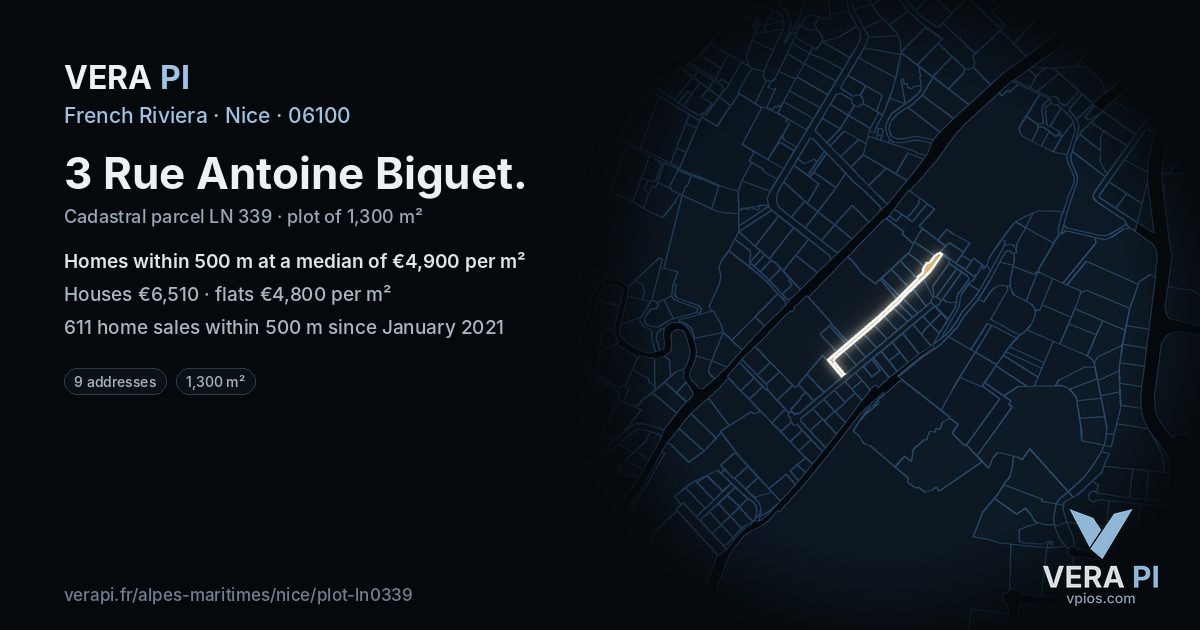 3 Rue Antoine Biguet, Nice at night – the plot lit, the parcels around coloured by the prices near them