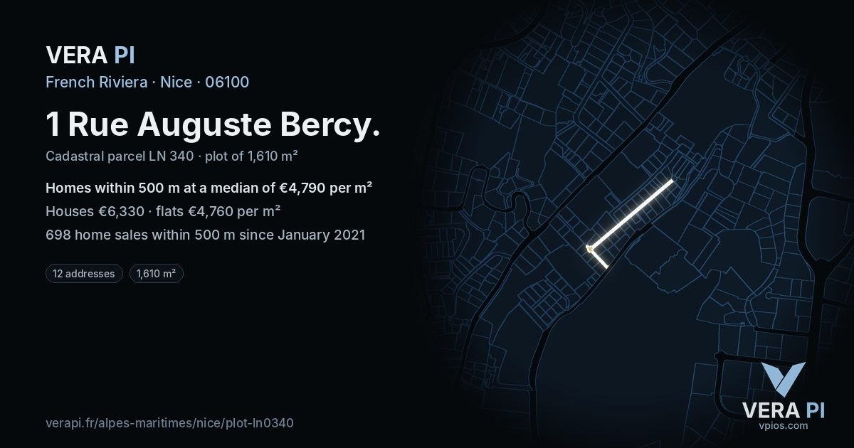 1 Rue Auguste Bercy, Nice at night – the plot lit, the parcels around coloured by the prices near them