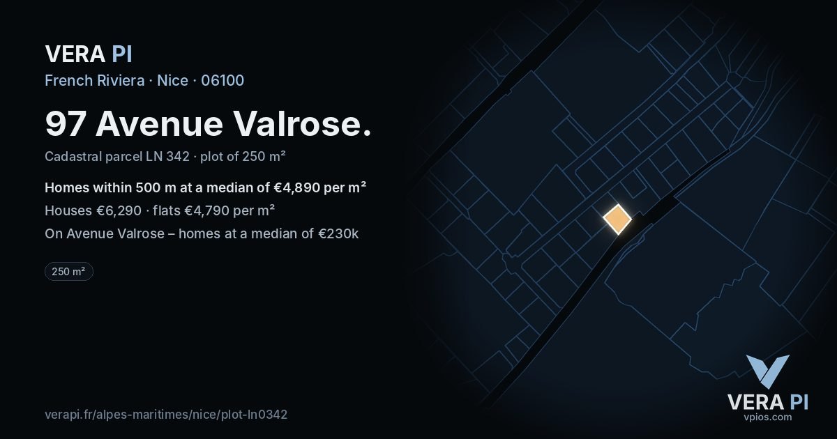97 Avenue Valrose, Nice at night – the plot lit, the parcels around coloured by the prices near them