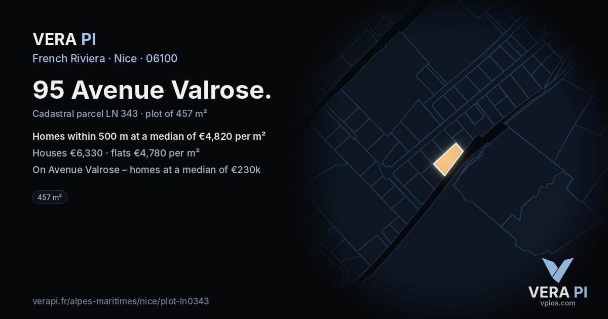 95 Avenue Valrose, Nice at night – the plot lit, the parcels around coloured by the prices near them