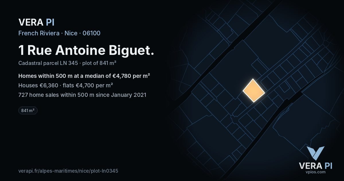 1 Rue Antoine Biguet, Nice at night – the plot lit, the parcels around coloured by the prices near them