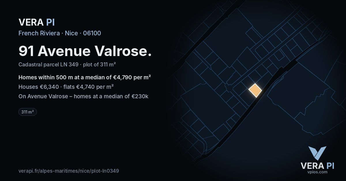91 Avenue Valrose, Nice at night – the plot lit, the parcels around coloured by the prices near them