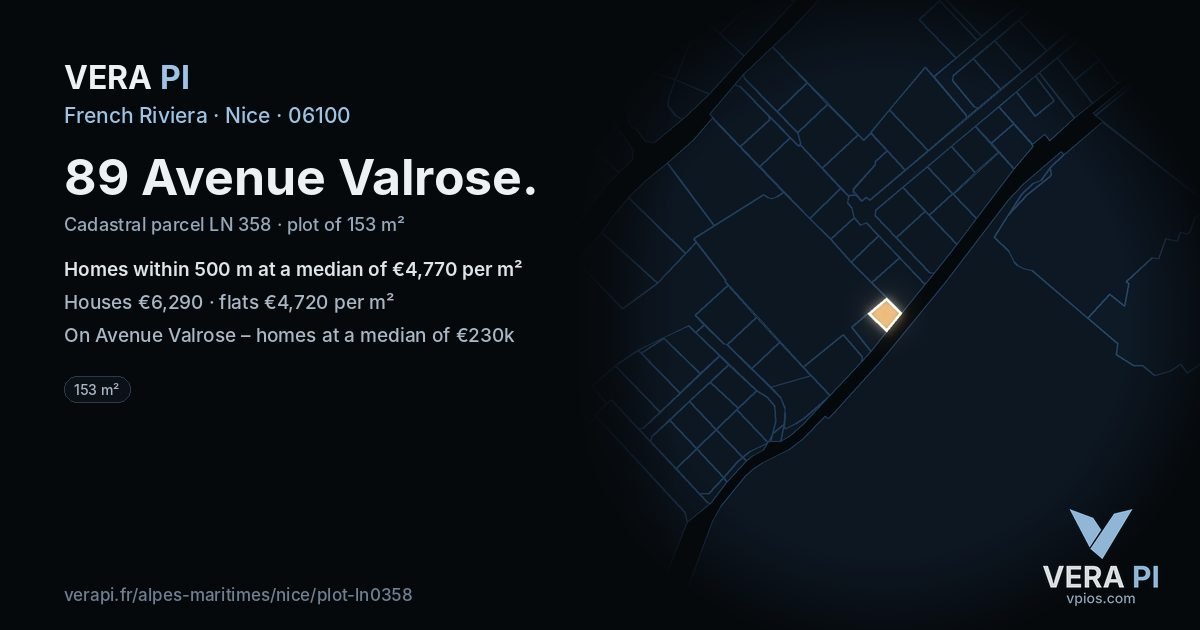 89 Avenue Valrose, Nice at night – the plot lit, the parcels around coloured by the prices near them