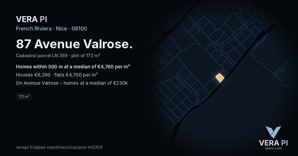 87 Avenue Valrose, Nice at night – the plot lit, the parcels around coloured by the prices near them