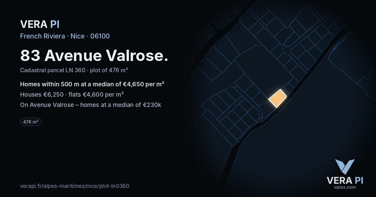 83 Avenue Valrose, Nice at night – the plot lit, the parcels around coloured by the prices near them