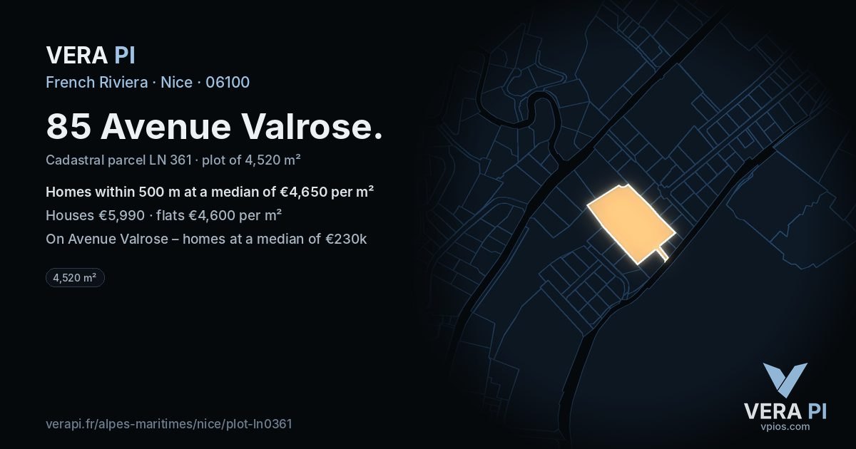 85 Avenue Valrose, Nice at night – the plot lit, the parcels around coloured by the prices near them