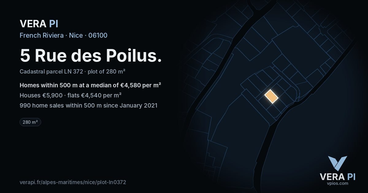 5 Rue des Poilus, Nice at night – the plot lit, the parcels around coloured by the prices near them