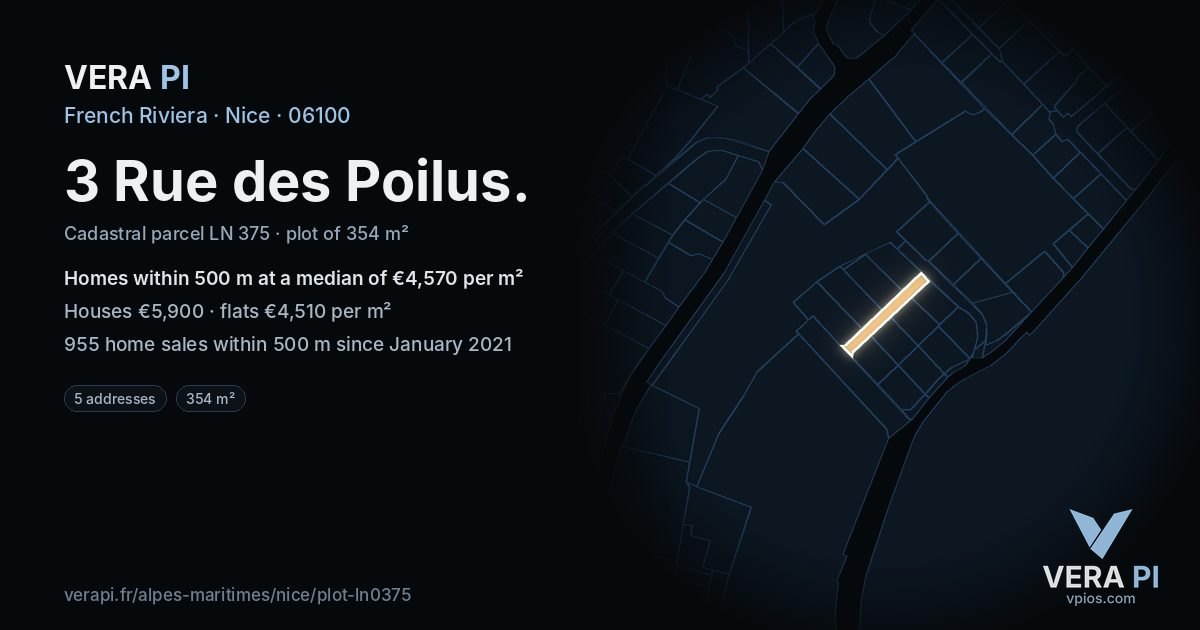 3 Rue des Poilus, Nice at night – the plot lit, the parcels around coloured by the prices near them