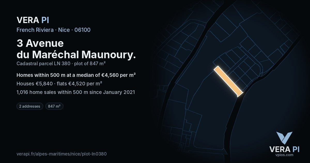3 Avenue du Maréchal Maunoury, Nice at night – the plot lit, the parcels around coloured by the prices near them