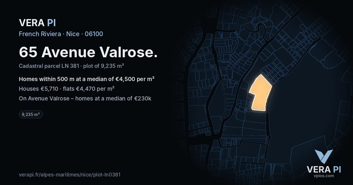 65 Avenue Valrose, Nice at night – the plot lit, the parcels around coloured by the prices near them