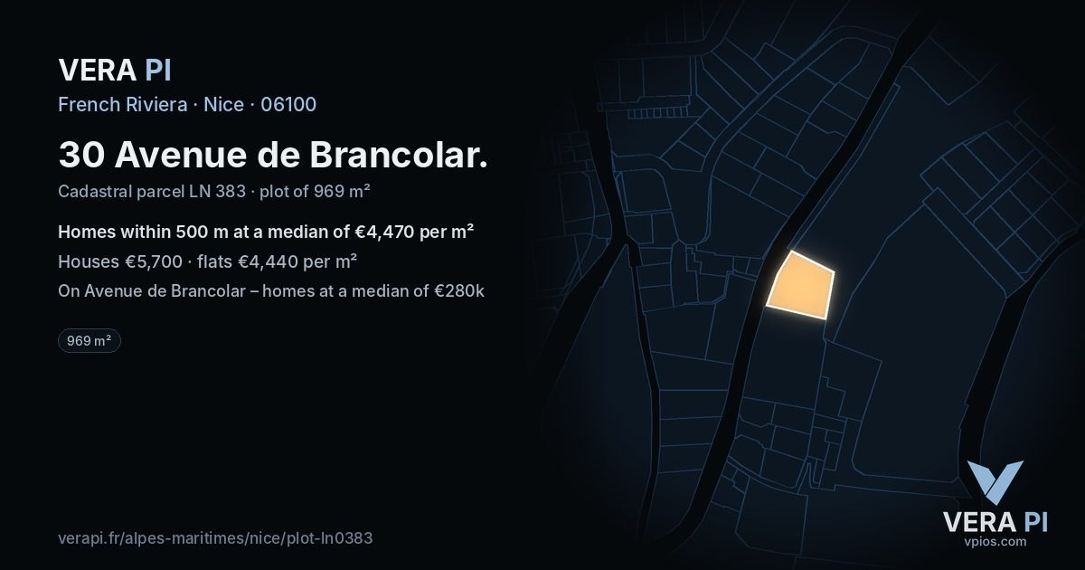 30 Avenue de Brancolar, Nice at night – the plot lit, the parcels around coloured by the prices near them