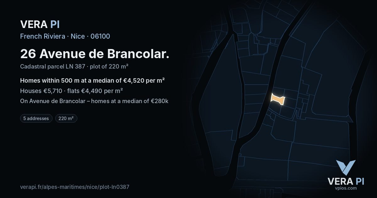 26 Avenue de Brancolar, Nice at night – the plot lit, the parcels around coloured by the prices near them