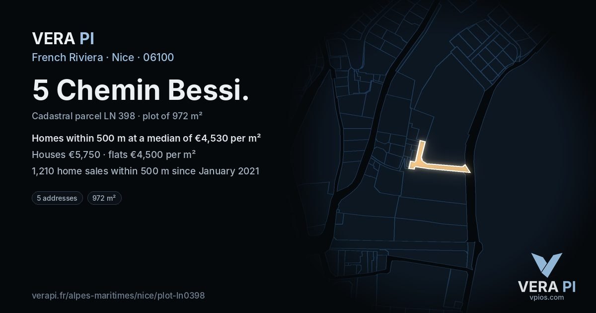 5 Chemin Bessi, Nice at night – the plot lit, the parcels around coloured by the prices near them