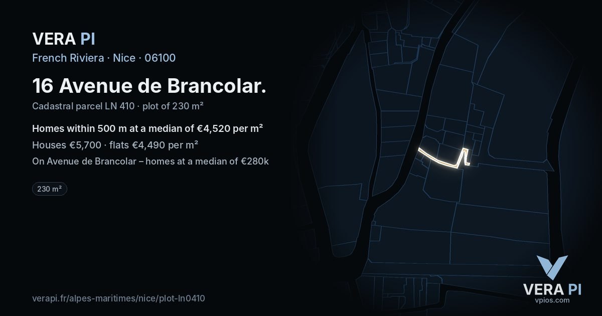 16 Avenue de Brancolar, Nice at night – the plot lit, the parcels around coloured by the prices near them