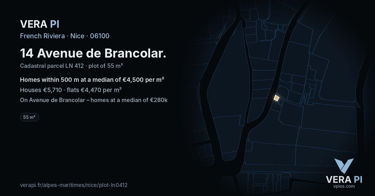 14 Avenue de Brancolar, Nice at night – the plot lit, the parcels around coloured by the prices near them