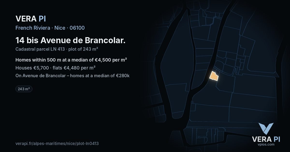 14 bis Avenue de Brancolar, Nice at night – the plot lit, the parcels around coloured by the prices near them