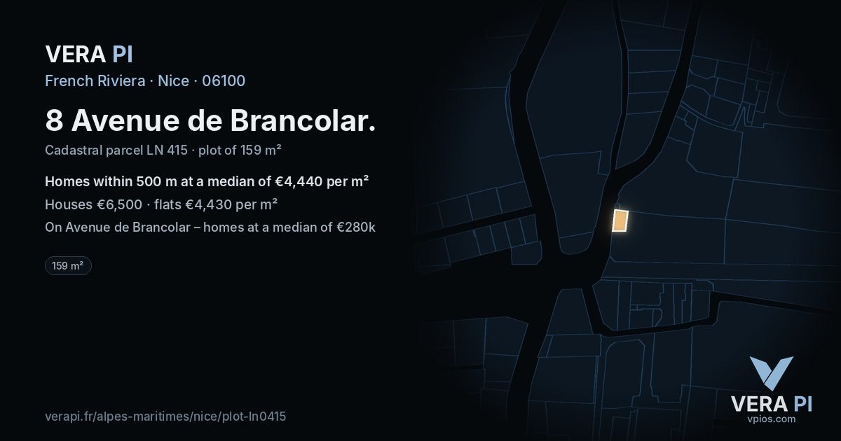 8 Avenue de Brancolar, Nice at night – the plot lit, the parcels around coloured by the prices near them
