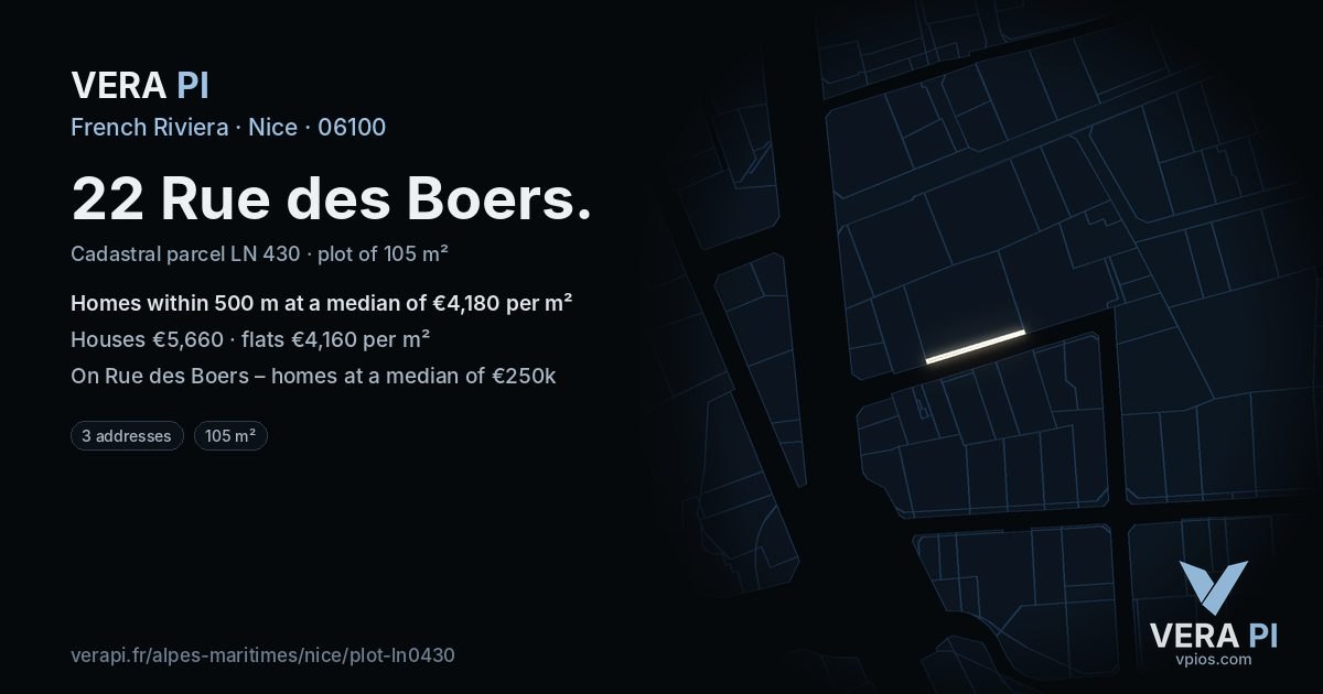 22 Rue des Boers, Nice at night – the plot lit, the parcels around coloured by the prices near them