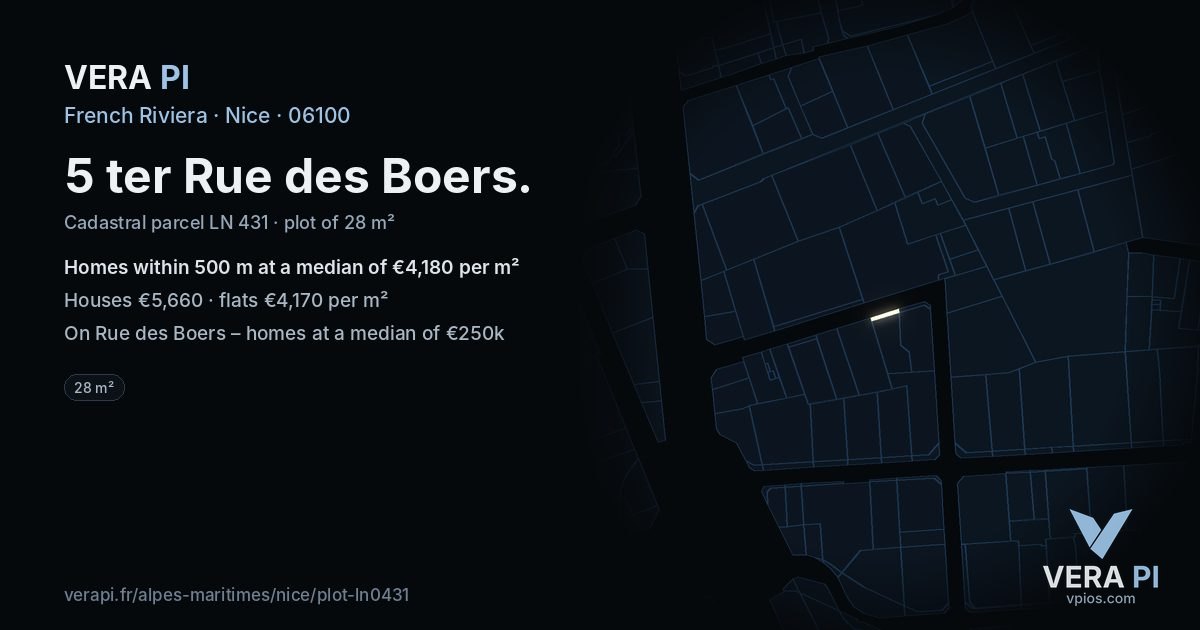 5 ter Rue des Boers, Nice at night – the plot lit, the parcels around coloured by the prices near them