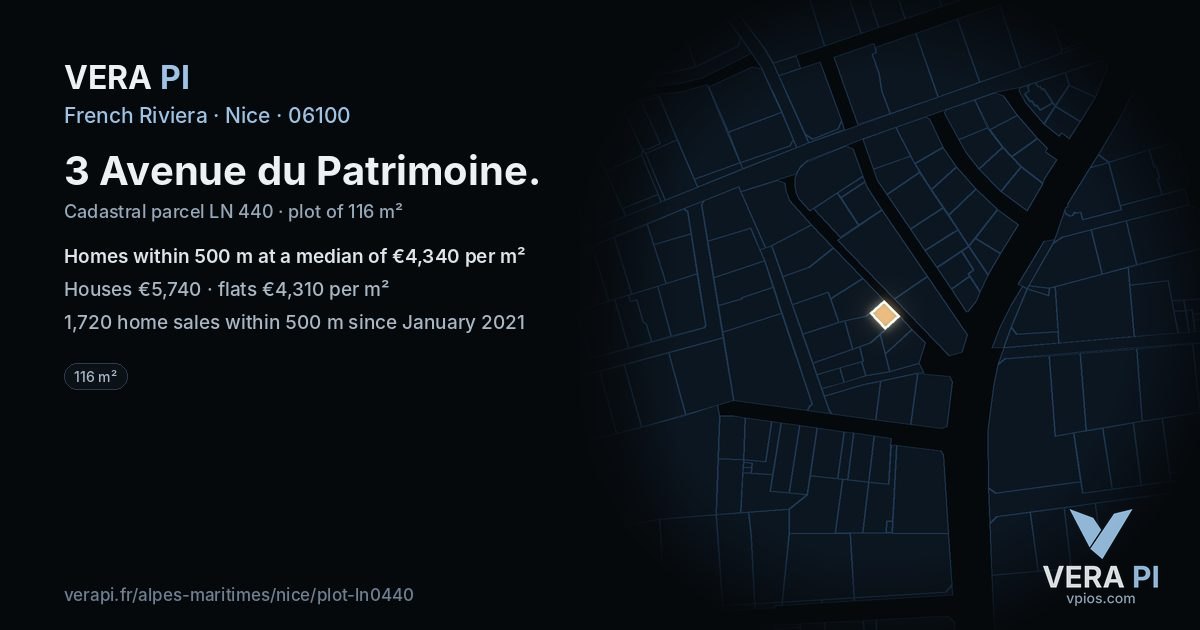 3 Avenue du Patrimoine, Nice at night – the plot lit, the parcels around coloured by the prices near them