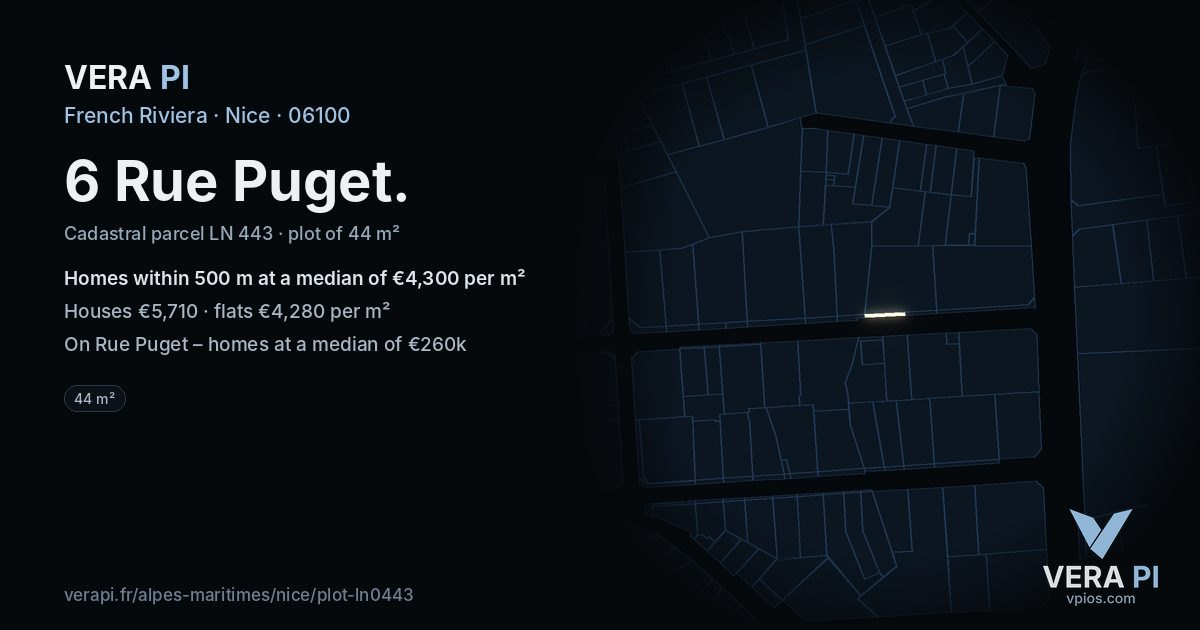 6 Rue Puget, Nice at night – the plot lit, the parcels around coloured by the prices near them