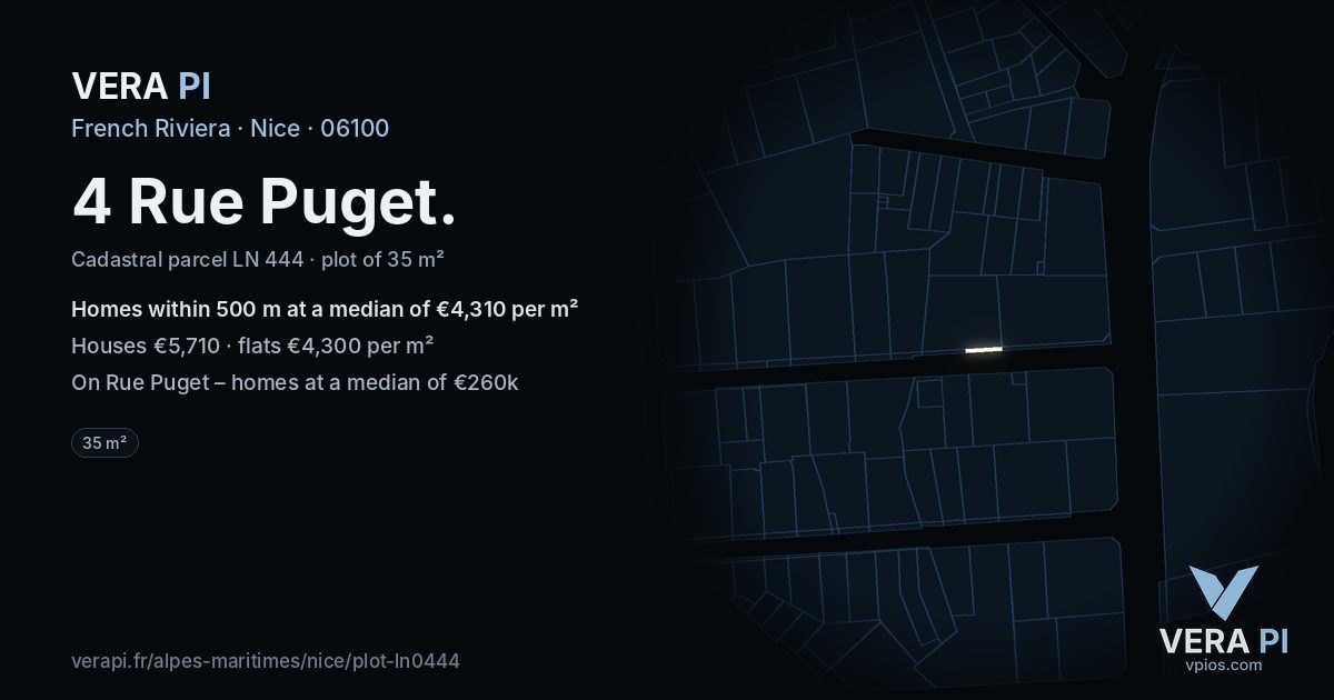 4 Rue Puget, Nice at night – the plot lit, the parcels around coloured by the prices near them