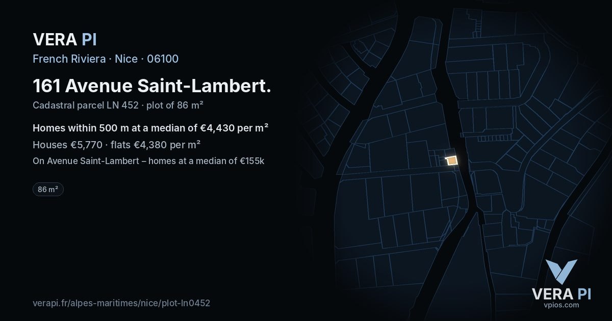 161 Avenue Saint-Lambert, Nice at night – the plot lit, the parcels around coloured by the prices near them