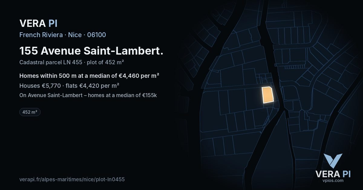 155 Avenue Saint-Lambert, Nice at night – the plot lit, the parcels around coloured by the prices near them