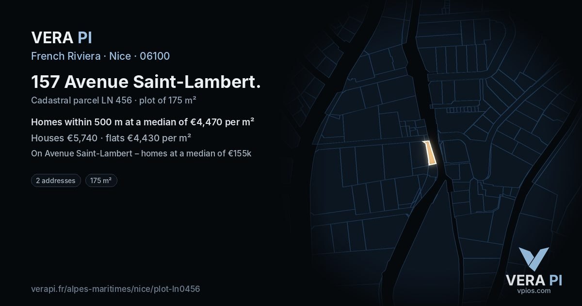 157 Avenue Saint-Lambert, Nice at night – the plot lit, the parcels around coloured by the prices near them