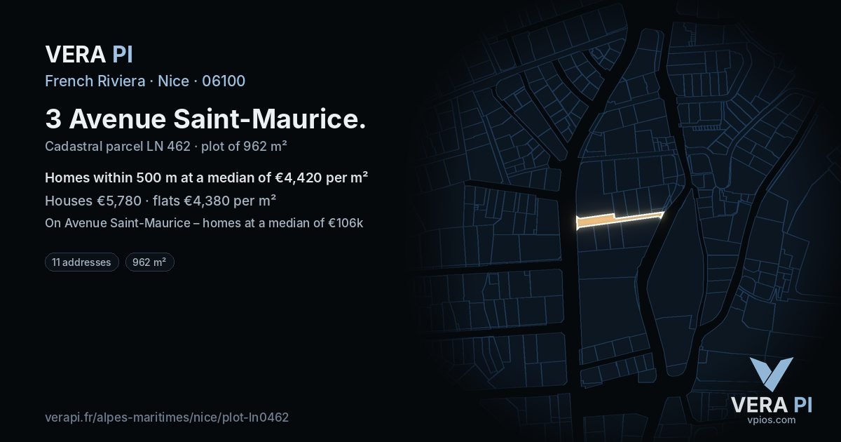 3 Avenue Saint-Maurice, Nice at night – the plot lit, the parcels around coloured by the prices near them