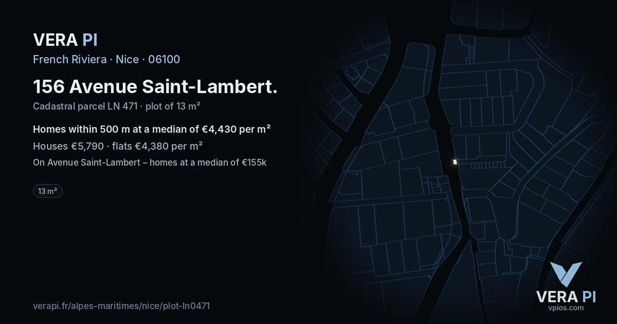 156 Avenue Saint-Lambert, Nice at night – the plot lit, the parcels around coloured by the prices near them
