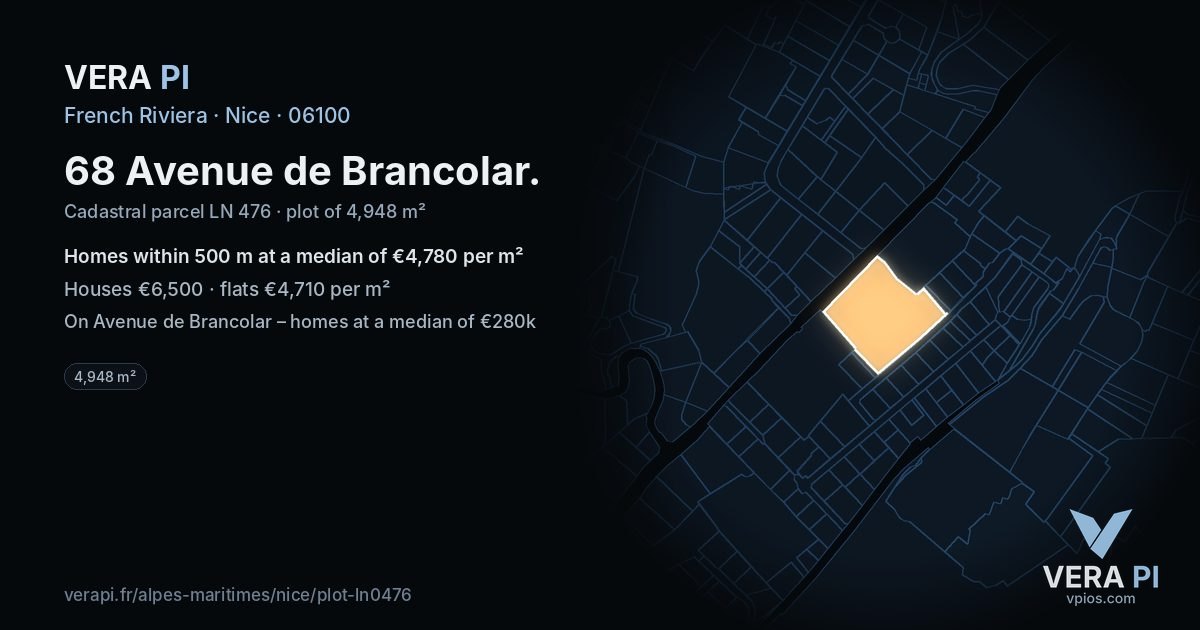 68 Avenue de Brancolar, Nice at night – the plot lit, the parcels around coloured by the prices near them