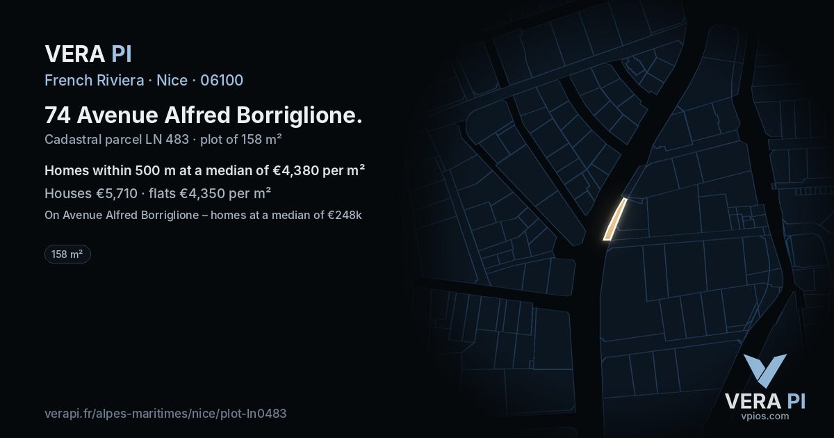 74 Avenue Alfred Borriglione, Nice at night – the plot lit, the parcels around coloured by the prices near them