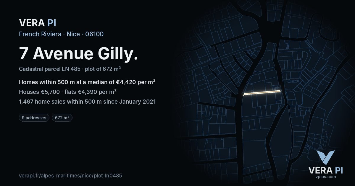 7 Avenue Gilly, Nice at night – the plot lit, the parcels around coloured by the prices near them