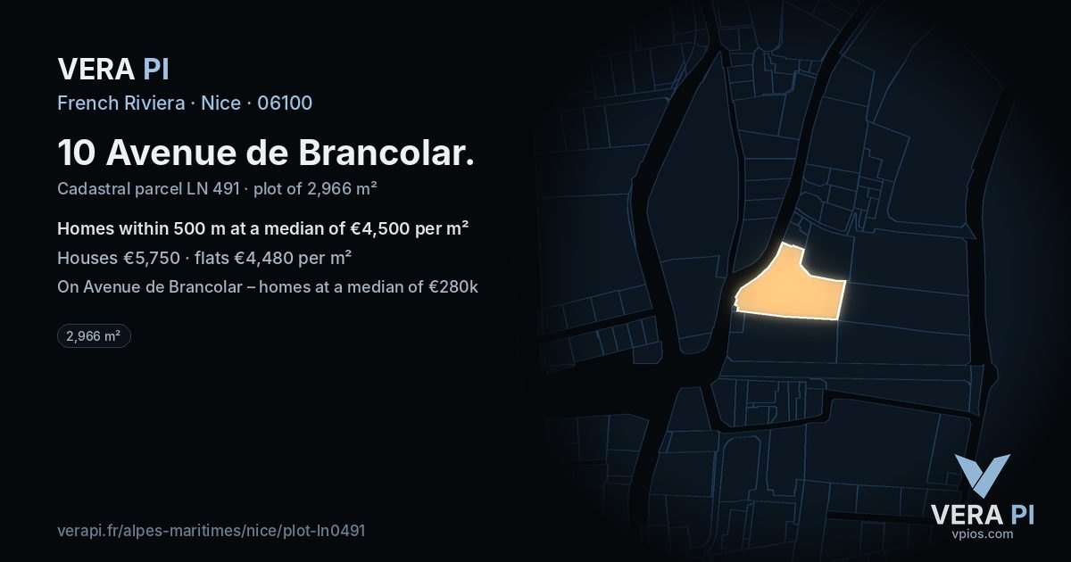 10 Avenue de Brancolar, Nice at night – the plot lit, the parcels around coloured by the prices near them