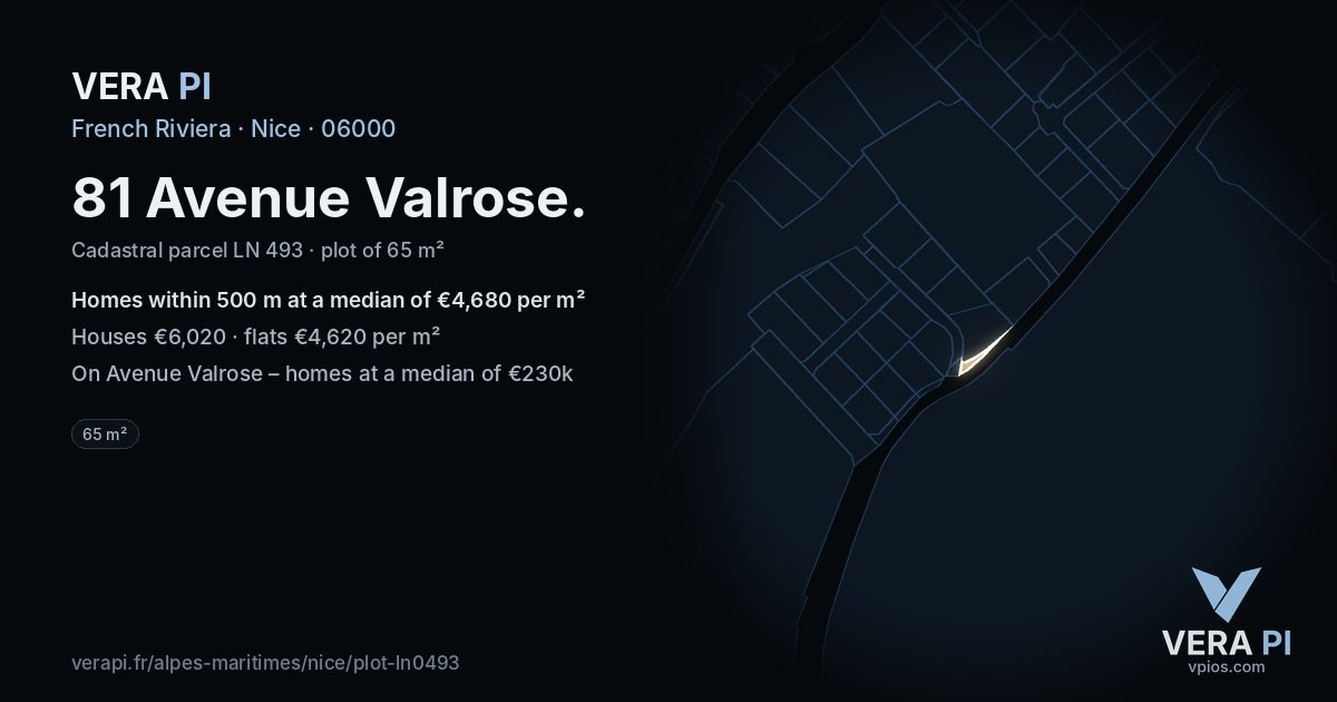 81 Avenue Valrose, Nice at night – the plot lit, the parcels around coloured by the prices near them