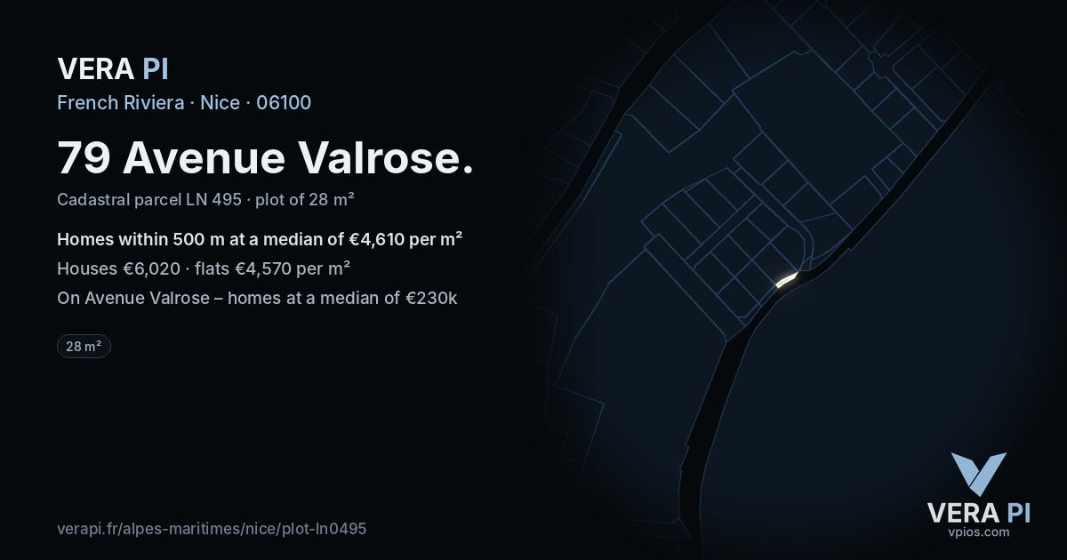 79 Avenue Valrose, Nice at night – the plot lit, the parcels around coloured by the prices near them