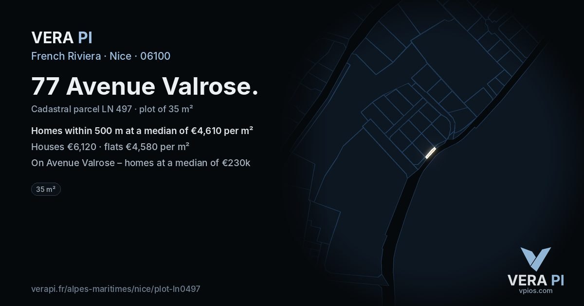 77 Avenue Valrose, Nice at night – the plot lit, the parcels around coloured by the prices near them