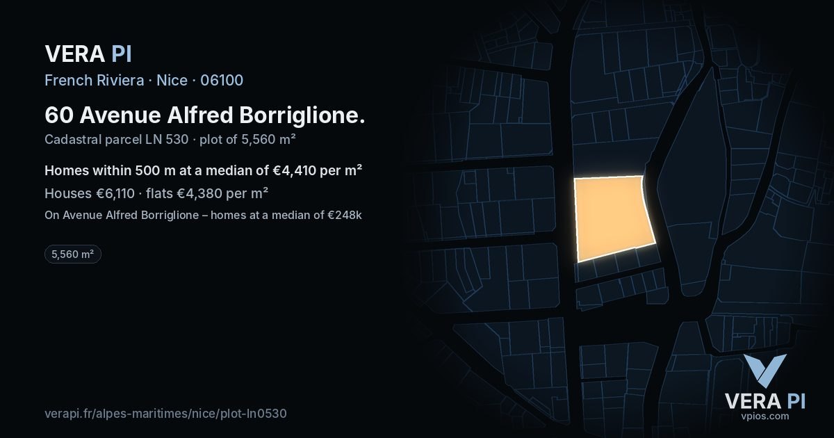 60 Avenue Alfred Borriglione, Nice at night – the plot lit, the parcels around coloured by the prices near them