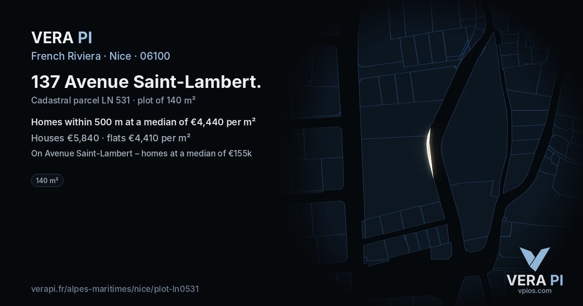 137 Avenue Saint-Lambert, Nice at night – the plot lit, the parcels around coloured by the prices near them