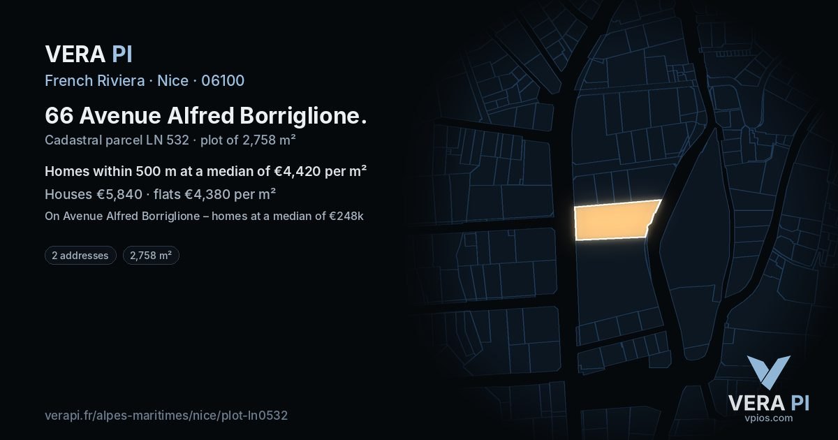 66 Avenue Alfred Borriglione, Nice at night – the plot lit, the parcels around coloured by the prices near them