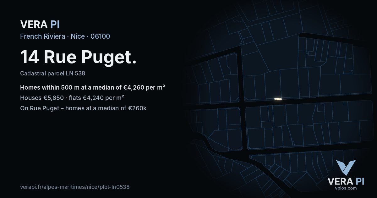 14 Rue Puget, Nice at night – the plot lit, the parcels around coloured by the prices near them