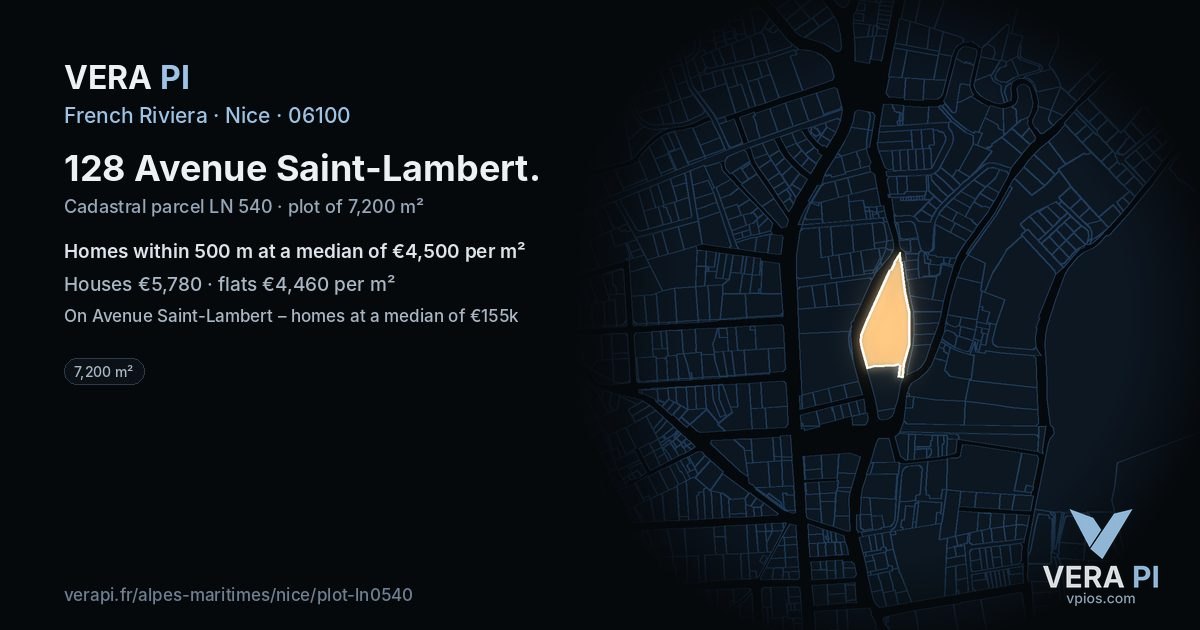 128 Avenue Saint-Lambert, Nice at night – the plot lit, the parcels around coloured by the prices near them