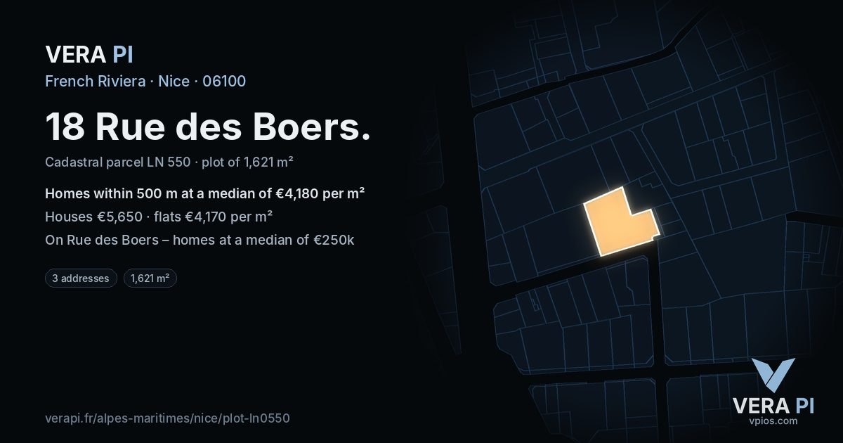 18 Rue des Boers, Nice at night – the plot lit, the parcels around coloured by the prices near them