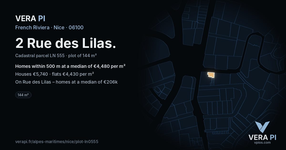 2 Rue des Lilas, Nice at night – the plot lit, the parcels around coloured by the prices near them