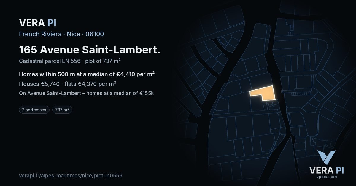 165 Avenue Saint-Lambert, Nice at night – the plot lit, the parcels around coloured by the prices near them