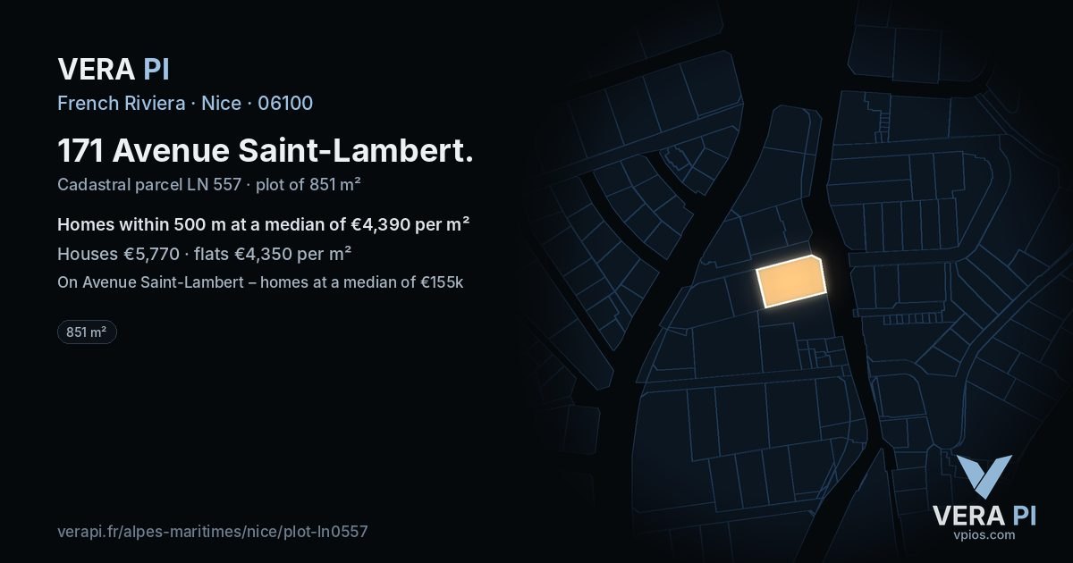 171 Avenue Saint-Lambert, Nice at night – the plot lit, the parcels around coloured by the prices near them